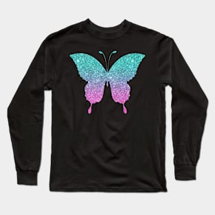 Bright Pink and Teal Ombre Faux Glitter Butterfly Long Sleeve T-Shirt